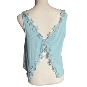 Flower Embroidered Open Back Tank L Chiffon Blu Pepper Aqua Sky Blue Applique